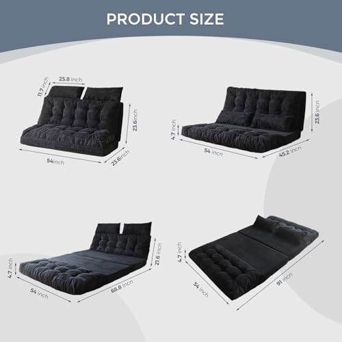 Image of MAXYOYO Folding Sofa Bed, Tufted Bean Bag Bed with Pillows Floor Couch for Adults, Extra Thick and Long Floor Sofa, Full Floor Couch Bed for Bedroom Living Room, Black, 54x91 Inch