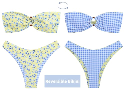 Image of ZAFUL Women's Bandeau Bikini O Ring Strapless Tie Back High Cut Two Piece Swimsuit Bathing Suits