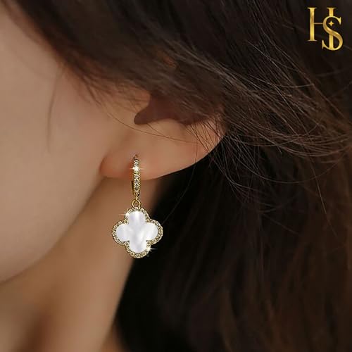 Huggie Hoop Clover Earrings for Women | Mother of Pearl Clover Dangle Hoop Earrings | Lovely Gift3