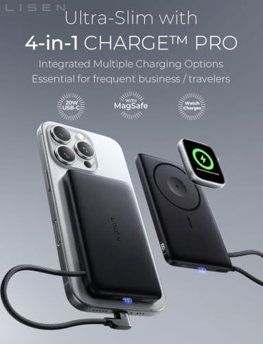 Image of LISEN 0.5'' Ultra Slim MagSafe Power Bank for iPhone and Apple Watch,10000mAh MagSafe Battery Pack,Alloy Magnetic Portable Charger for iPhone 16 Pro Max Plus /15, Apple Watch S11 /S10 S9 SE,Black