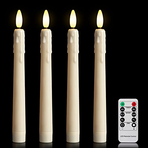 Yunsheng 4 Stück LED Stabkerzen mit Fernbedienung und Timer, Batteriebetriebene Flackern Dimmbar Warmweiß Flammenlose Spitzkerzen, Fensterkerzen mit Tropfwachs-Optik, 3D-Docht licht, Weihnachtsdeko Cover