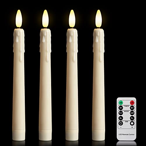 Yunsheng 4 velas LED con mando a distancia y temporizador, parpadeo a pilas, regulable, blanco cálido, sin llama, velas para ventana con aspecto de cera antigoteo, luz 3D, decoración navideña