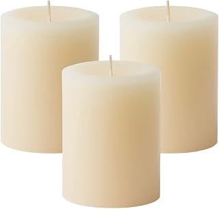 Mister Candle Dripless Unscented Pillar Candles, Set of 3 Hand Poured Solid Color Non-Scented Candles for Home Decor, Premium Wax, 60 Hr Burn Time - 3x4 Inch, Ivory