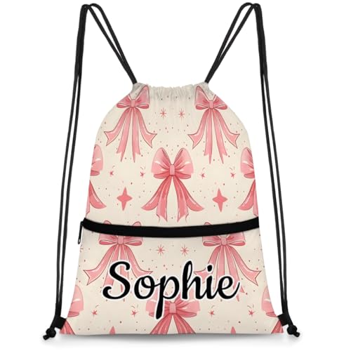 Pink Bow Custom Drawstring Backpack Waterproof Personalized Drawstring Bag for Men Women Gym Beach Travel Sport Sackpack