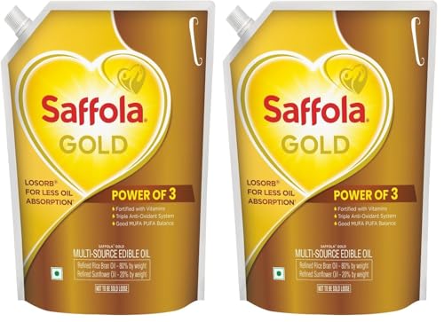 Image of Saffola Gold Refined Cooking oil | Power of 3 - Balance of Good Fats, Triple Anti-Oxidant System & Fortified with Vitamins | Multi-Source Edible Rice Bran & Sunflower Oil | 3 Litre Standee pouch