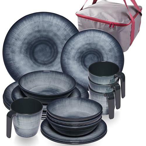 Jesolo Service de table en mélamine pour 4 personnes - 17 pièces - Avec tasses et sac de rangement - Aspect grès - Passe au lave-vaisselle - Vaisselle de camping - Accessoires de camping - Caravane