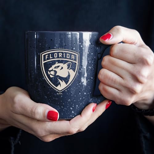 Image of Rico Industries NHL Hockey Florida Panthers Navy Personalized 16 oz Team Color Laser Engraved Speckled Ceramic Coffee Mug