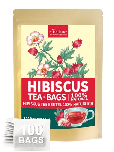 TeeLux Hibiskus Tee Beutel 100 Stück Vegan Reiner Natürlicher Hibiskusblüten Säuerlich Koffeinfrei Aromatischer Hibiskustee Kräutertee Laktosefrei