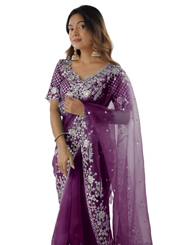 Image of SIRIL Women's Organza Sequence Embroidery Saree With Unstitched Blouse Piece