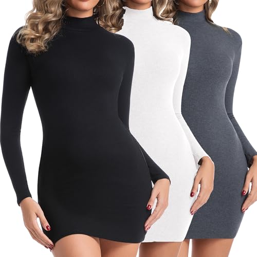Chongbaijia 3 Pack Women's Long Sleeve Dress Mock Turtleneck Slim Fit Going Out Dresses Mini Dresses Fall Winter Fashion Clothes 2025