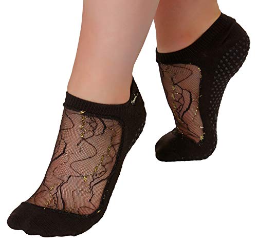 SHASHI Star Mesh Socks - With Grip For Yoga - Non Slip - W/Storage Pouch Pilates Barre Workout Socks - For Women -Limited Editin Black/Gold-Medium