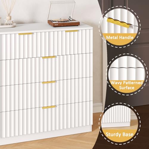 Image of 55.1 inch Wide Fluted 10 Drawer Dresser for Bedroom, White | Modern Dresser for Closet with Metal Handle, Wooden Chest of Drawers for Bedroom, Living Room, Hallway
