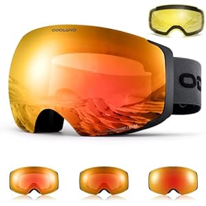 Odoland Photochromic Ski Goggles Interchangeable with 2 Lens, Large Spherical Frameless Snow Snowboard Goggles for Men Women Red Lens Vlt 56%-11%