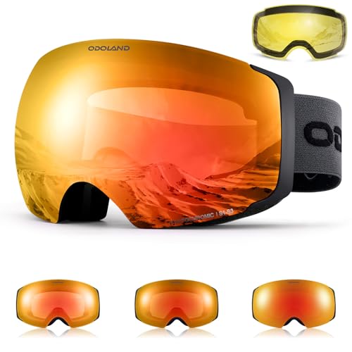 Odoland Photochromic Ski Goggles Magnetic Interchangeable with 2 Lens for Adult, Snow Snowboard Goggle Glasses for Men Women Red Lens Vlt 56%-11%