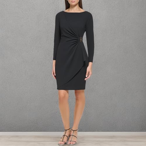 Image of DKNY Women's Long Sleeve V-Neck Side Ruched Sheath Dress with Hardware