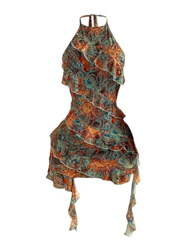 BEAUDRM Womens Ruffle Boho Dress Hippie Paisley Dress Western Outfit