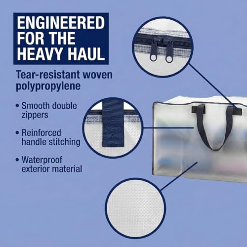 Image of BOX USA 4-Pack Moving Bags with Strong Handles & Zippers - Heavy Duty Extra Large Packing Bags for Storage, Moving Boxes, Dorm & College Supplies, Clear