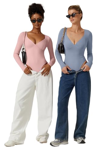 Image of QINSEN Women's Long Sleeve Bodysuit V Neck Body Suits Seamed Cup Going Out Tops Shirt