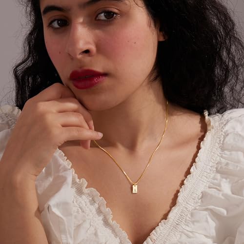 Dainty Initial Necklace for Women – 14K Gold Silver Plated Letter Pendant, Trendy Waterproof Non-Tarnish Personalized Name Tag Charm Necklace, Cute Square A-Z Jewelry Birthday Gift for Women3
