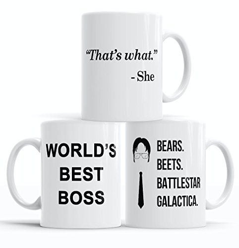 TANGDIAABBCC AMOCHY The Office Funny Coffee Mug | 3-Piece Merchandise Set | Worlds Best Boss, That's What She Said, and Bears Beets Battle Star Galactica (The Office 3-Pack Collection)