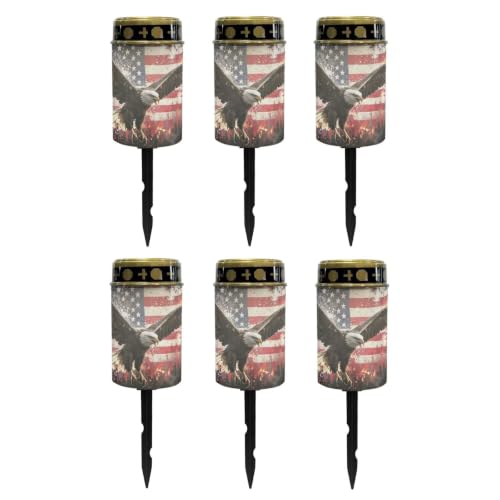 Image of Poceacles Solar Lights Outdoor Waterproof Cemetery Candles Solar Powered Grave Outdoor Decorative Walkway Lights for Lawn Garden Pathway Decor, Eagle American Flag Patriotic Print, Pack of 6