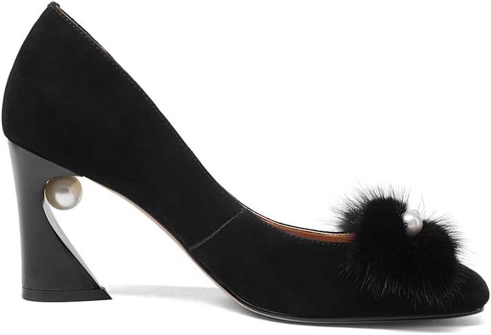 TinaCus Women's Handmade Suede Leather Square Toe Decorated Fur Pearl Floral Dressy Pump Shoes