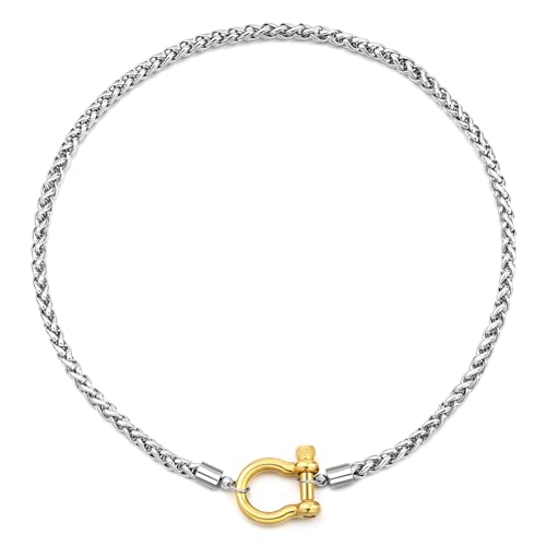 FEEL STYLE Heavy Screw Anchor Shackle Wheat Necklace - 18Inch Stainless Steel Foxtail Wheat Chain Necklace Rolo Necklace - Screw Anchor Shackle Nautical Sailor Clasp