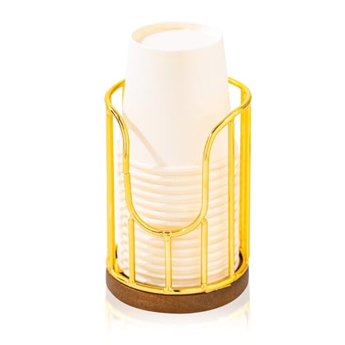 QTTCMY Dispensador de tazas de baño con soporte de madera de acacia, accesorios esenciales de baño para soportes para cepillos de dientes y dispensador de tazas de enjuague bucal en encimeras de
