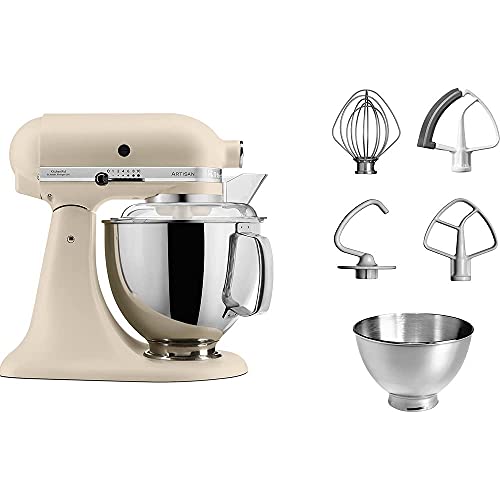 KitchenAid Artisan Robot de Cocina 4,7L con accesorios Lino fresco | De masa madre a merengues con 5 accesorios y batidor de borde flexible; icónico diseño en metal duradero