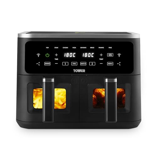 Tower Vortx Vizion 9L Dual Basket Air Fryer with Digital Control Panel 8 Cooking Pre-sets Sync Function & Match Cook Function Shake Reminder 2400W Black T17177