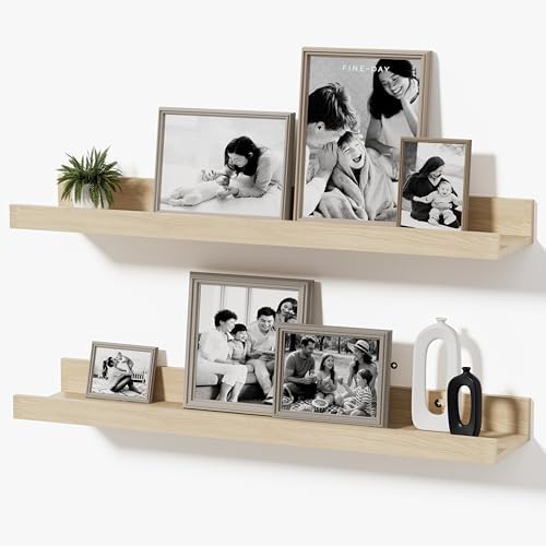 Floating Picture Ledge Shelves, 2-Pack Wall Mounted Book Shelf for Nursery & Kids Room, Floating Shelves for Wall Photo Frames with Lip, Living Room or Bedroom, 24inch, Oak