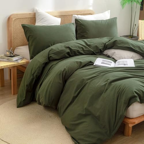Image of BESTOUCH Cotton Solid Duvet Cover Set Linen Feel Olive Green Oversized Full | 100% Washed Cotton, Soft Wrinkle Texture, Hidden Zipper, 8 Ties, Breathable Lightweight Durable Comfy, 3 Pcs No Insert