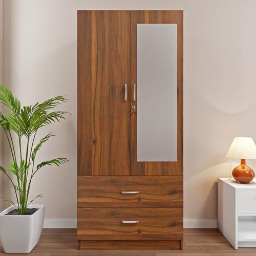 Image of VIKI Wardrobe | Albarracin Wardrobe | Wooden Almirah for 2 Door Wardrobe with 2 Drawer & Hanging Space with Mirror (Brussel Walnut - 40D x 80W x 180.8H) | 1 Year Warranty | Free Assembly