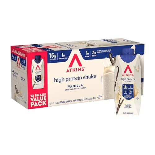 Image of Atkins Vanilla High Protein Shake, 15g Protein, Low Glycemic, Low Carb and Low Sugar Protein Shakes, Keto Friendly Ready to Drink Shakes, 12 Vanilla Flavored Protein Shakes