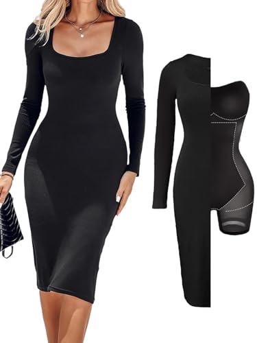 Built in Shapewear Dress for Women Long Sleeve Bodycon Midi Dress with Tummy Control Square Neck Ribbed Party Dress