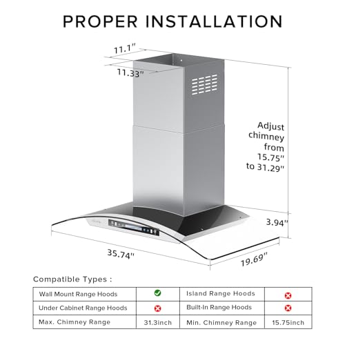 Hisohu IKPA03-36 Wall Mount Range Hood 36 Inch,Curved Glass Range Hood thumb #5