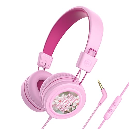 Image of MEE audio KidJamz KJ55 Personalized Wired Headphones for Kids with Custom Full Color Photo Print, 3.5mm Plug Headset, Volume Limiter, & Microphone, Printed Graphics for School, Gift, Travel (Pink)