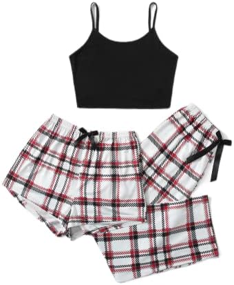 SheIn Women's 3 Piece Plaid Pajamas Set Cami Shorts Set with Pants Loungewear Sleepwear Black and Red Small