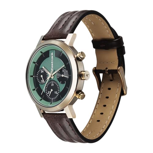 Image of Fastrack Chrome K Quartz Analog with Green Dial Brown Leather Strap Watch for Men - 3287QL02