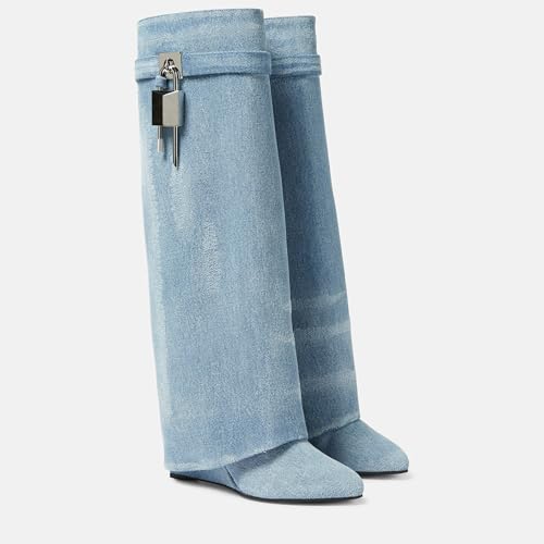 Image of Arqa Medium Blue Fold Over Knee High Boots Covered Wedge Heels Western Cowboy Boots Almond Toe Wide Calf Dress Party Shoes Size 4