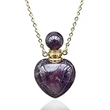Perfume Bottle Necklace Heart Shape, Amethyst Necklace Healing Crystal for Women, Essential Oil Diffuser Bottle Necklace Jewelry, Gemstone Heart Vial Necklaces for Liquid