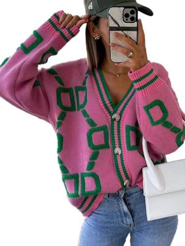 Image of Autumn Winter Style Woman Blouse Knitted Cardigan Slim Fitting Long Sleeved V-Neck Printed Cardigan Jacket Sweater