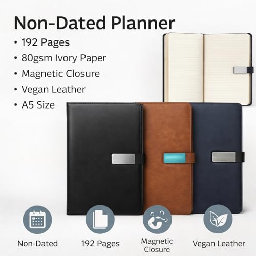 Image of A5 Leather Diary for Men & Women | Premium Refillable Ring Binder Notebook with 192 Ruled Pages | Magnetic Closure Office Diary, Planner, Personal Journal & Writing Notebook (Black)