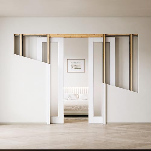 Image of Frosted Glass 1-Lite Sliding Pocket Doors White Standard Door with Hardware Kit Set,68 inchx80 inch