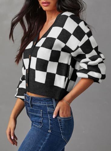 Dokotoo Womens Checkered V Neck Button Down Long Sleeve Cable Knit Cropped Cardigan Sweaters Tops3