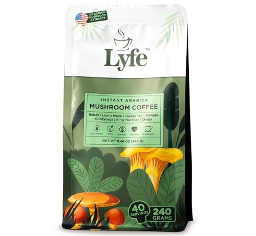 LYFE Brew Arabica Instant Mushroom Coffee - Mushroom Arabica Coffee Beans with Cordyceps, Reishi, Shiitake and King Trumpet Extract - Lions Mane Coffee for Immune Support, Brain Health and Energy