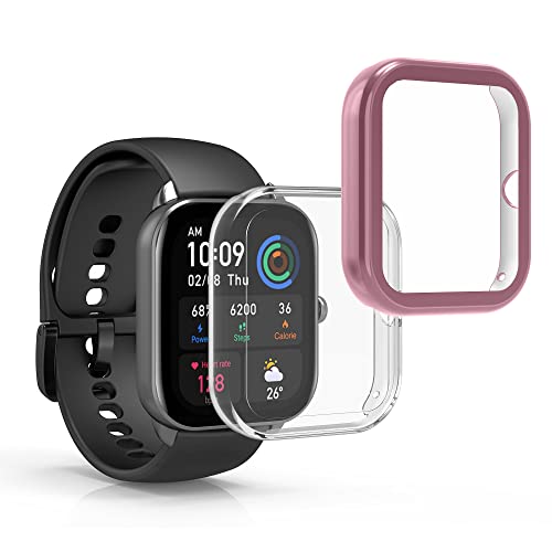 kwmobile Carcasa Compatible con Huami Amazfit GTS 4 Mini Funda - 2X Protector Pantalla Completo - Ultrafino y antigolpes - Transparente/Rosa Palo