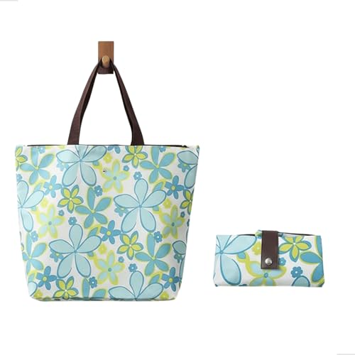 Ecobag Dobrável com Zíper Bolsa de Compras Reutilizável para Feira Supermercado e Praia 45,5x32x12 cm Tecido Oxford (Floral Azul)