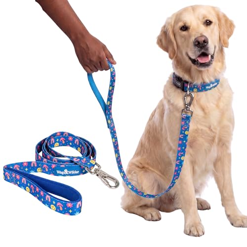 Image of Wag and Wilder Heavy Duty 5 FT Dog Leash for Large Dogs - Neoprene Padded Handle & Strong Metal Hook (Groovy Trails Blue)