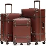 NZBZ Vintage Luggage Sets for Women, PU Leather Retro Suitcase, Vintage Trunk Luggage, Vintage Suitcase Set (Caramel Brown, 20', 24' & 28')